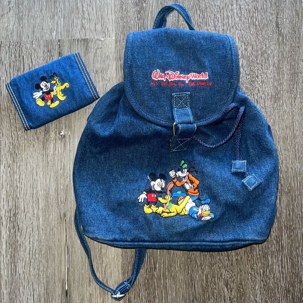 Vintage RARE Walt Disney World denim backpack and wallet
